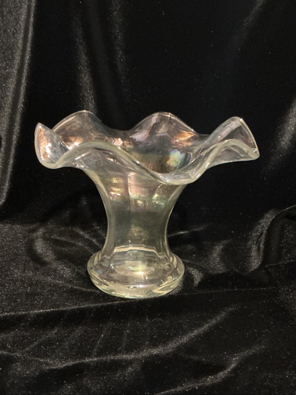 Vintage Clear Iridescent Ruffled Glass Vase